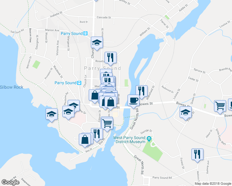 map of restaurants, bars, coffee shops, grocery stores, and more near 20 A Miller Street in Parry Sound