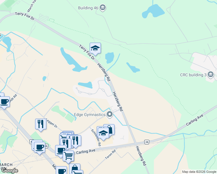 map of restaurants, bars, coffee shops, grocery stores, and more near 25 Marsh Sparrow Private in Ottawa