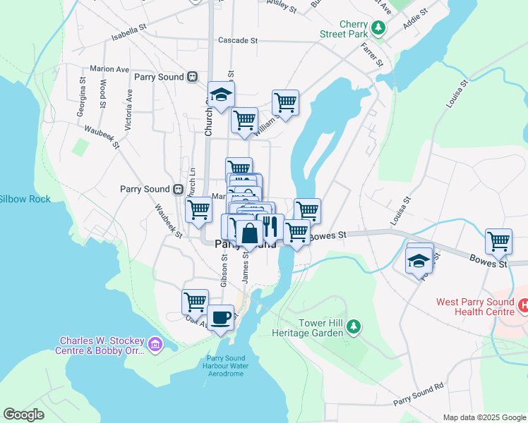 map of restaurants, bars, coffee shops, grocery stores, and more near 20 A Miller Street in Parry Sound