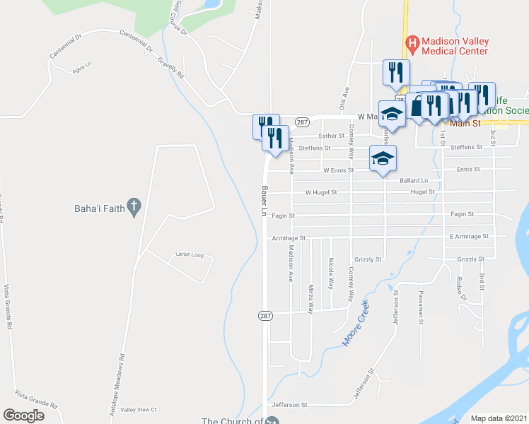 map of restaurants, bars, coffee shops, grocery stores, and more near 126 Bauer Lane in Ennis