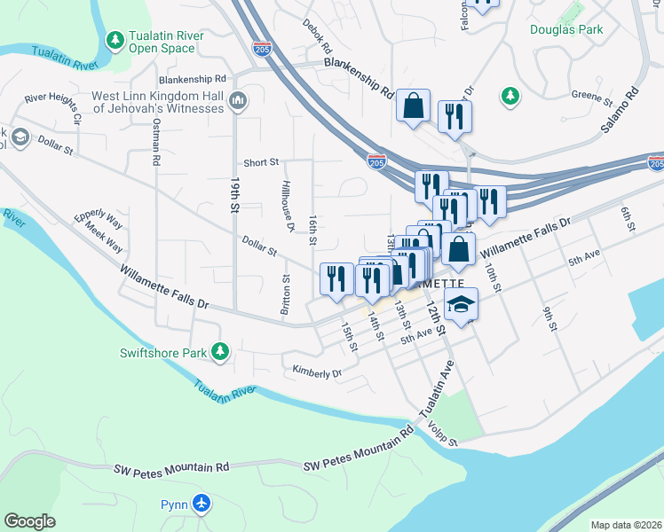 map of restaurants, bars, coffee shops, grocery stores, and more near 1731 Dollar Street in West Linn