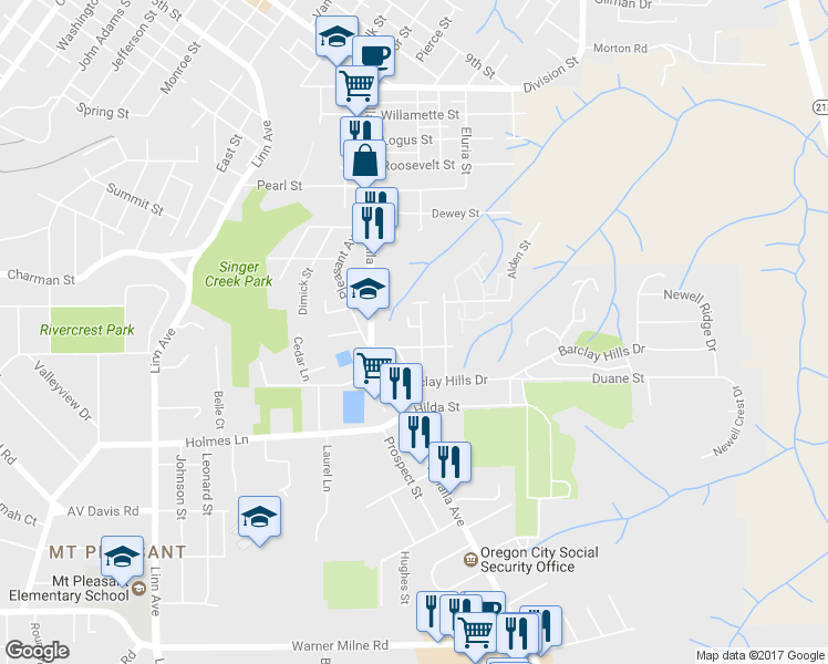 map of restaurants, bars, coffee shops, grocery stores, and more near 724 Warren Court in Oregon City