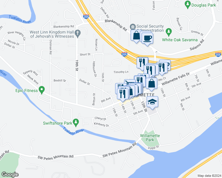 map of restaurants, bars, coffee shops, grocery stores, and more near 1721 Dollar Street in West Linn
