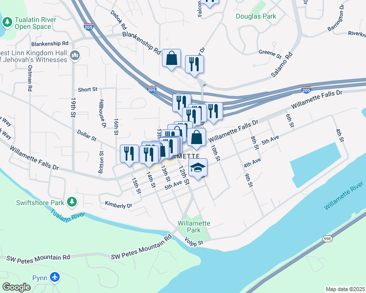 map of restaurants, bars, coffee shops, grocery stores, and more near 1980 Willamette Falls Drive in West Linn