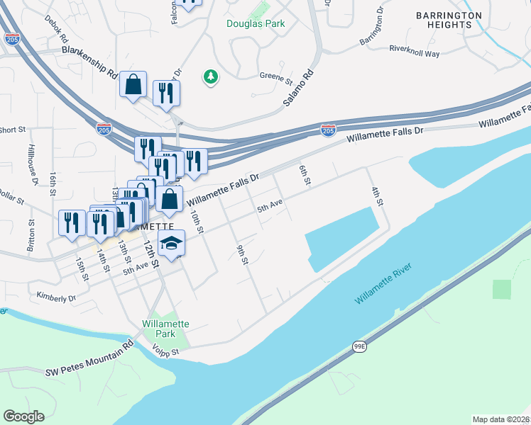 map of restaurants, bars, coffee shops, grocery stores, and more near 2325 5th Avenue in West Linn