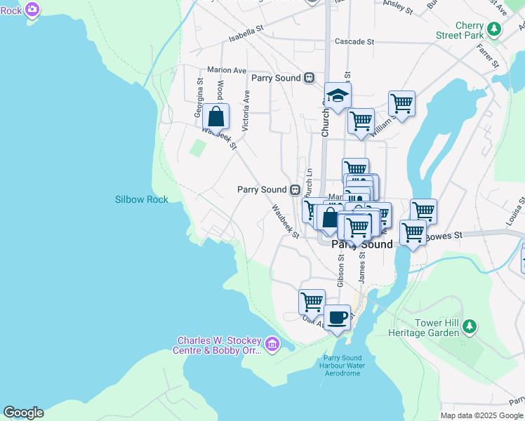 map of restaurants, bars, coffee shops, grocery stores, and more near 1 Waubuno Road in Parry Sound