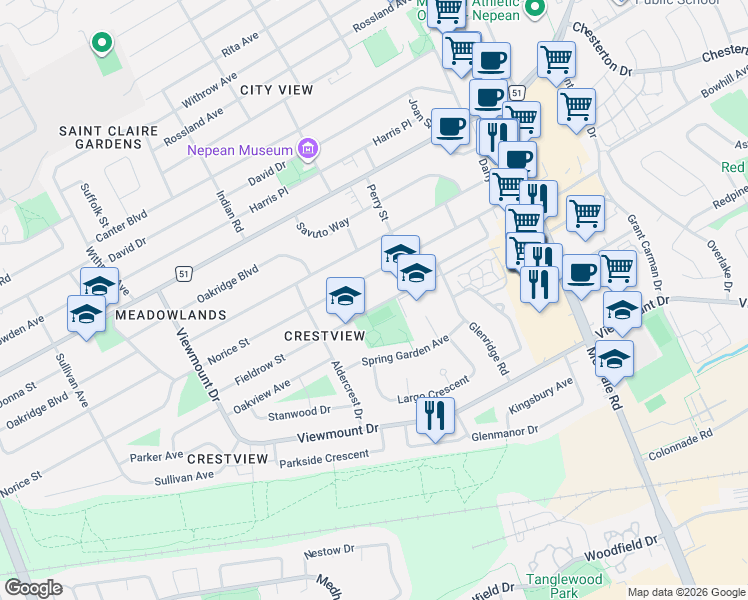 map of restaurants, bars, coffee shops, grocery stores, and more near 53 Fieldrow Street in Ottawa