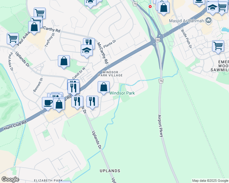 map of restaurants, bars, coffee shops, grocery stores, and more near 3555 Downpatrick Road in Ottawa