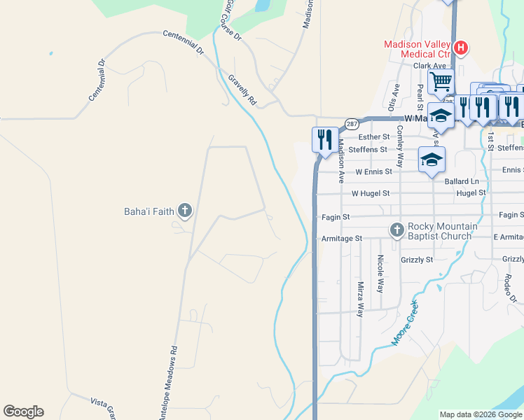 map of restaurants, bars, coffee shops, grocery stores, and more near 129 Antelope Meadows Road in Ennis