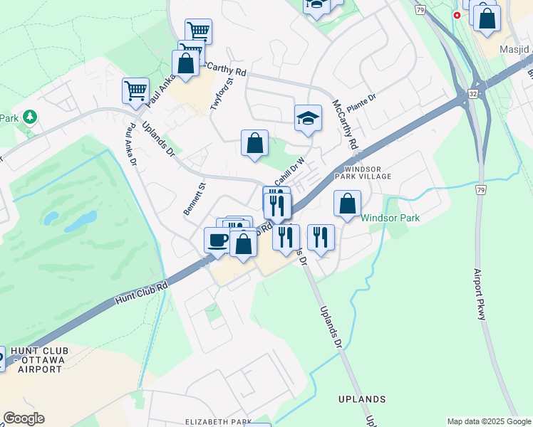 map of restaurants, bars, coffee shops, grocery stores, and more near 22 Royal Hunt Court in Ottawa