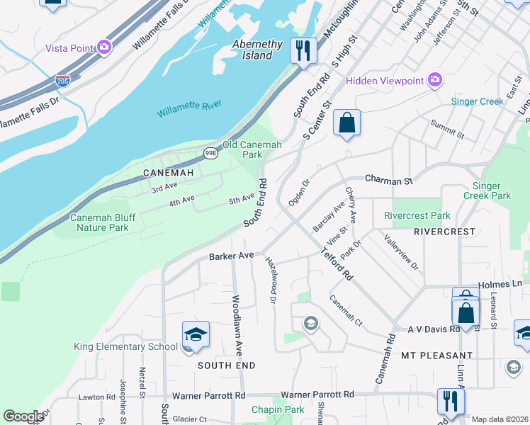map of restaurants, bars, coffee shops, grocery stores, and more near 689 South South End Road in Oregon City