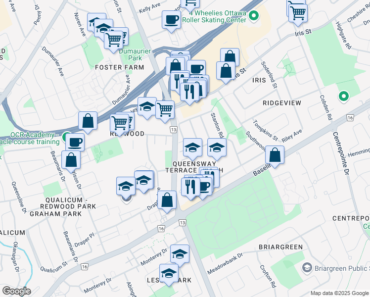 map of restaurants, bars, coffee shops, grocery stores, and more near 67 Pinecrest Road in Ottawa