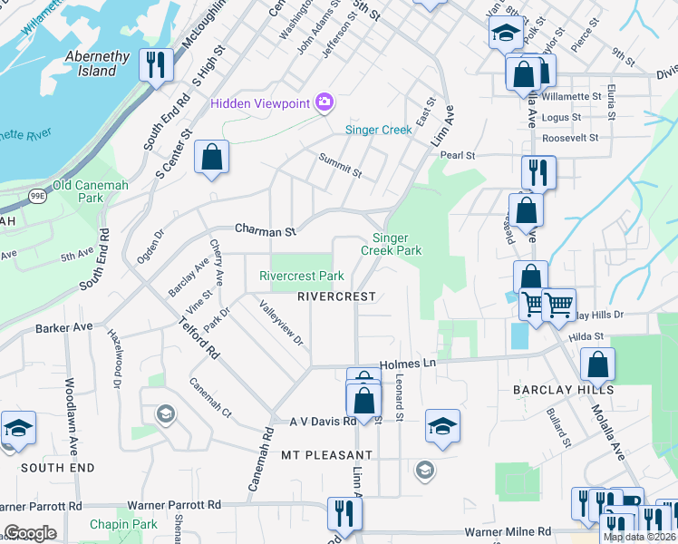 map of restaurants, bars, coffee shops, grocery stores, and more near 255 Harding Boulevard in Oregon City