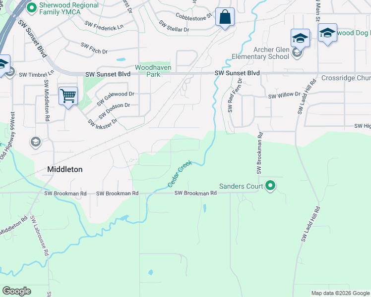 map of restaurants, bars, coffee shops, grocery stores, and more near 17045 Southwest Brookman Road in Sherwood