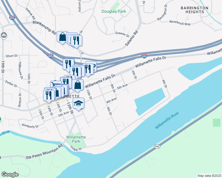 map of restaurants, bars, coffee shops, grocery stores, and more near 2288 5th Avenue in West Linn