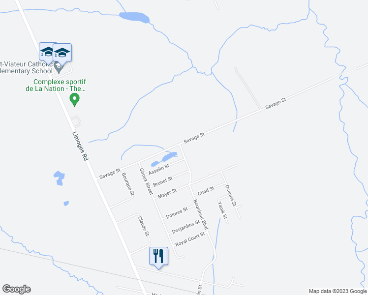 map of restaurants, bars, coffee shops, grocery stores, and more near 201 Bourdeau Boulevard in Limoges