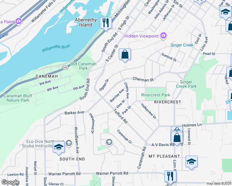 map of restaurants, bars, coffee shops, grocery stores, and more near 441 Barclay Avenue in Oregon City