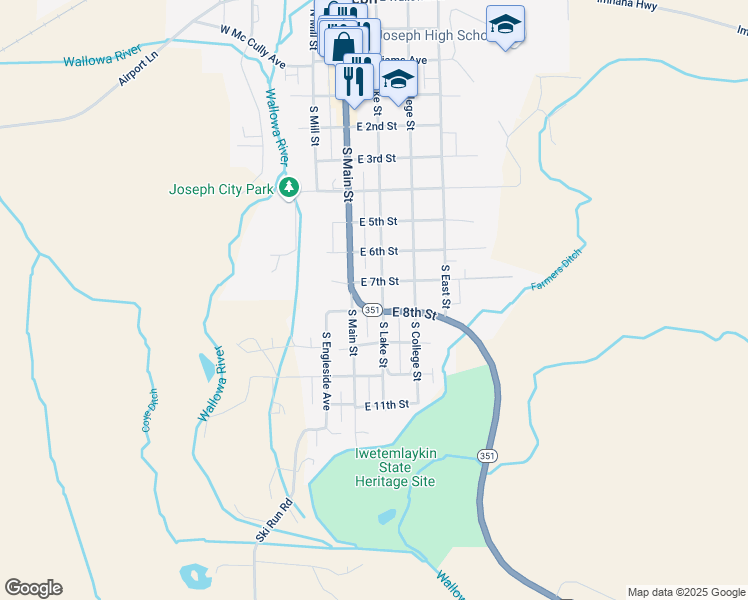 map of restaurants, bars, coffee shops, grocery stores, and more near 707 South Lake Street in Joseph