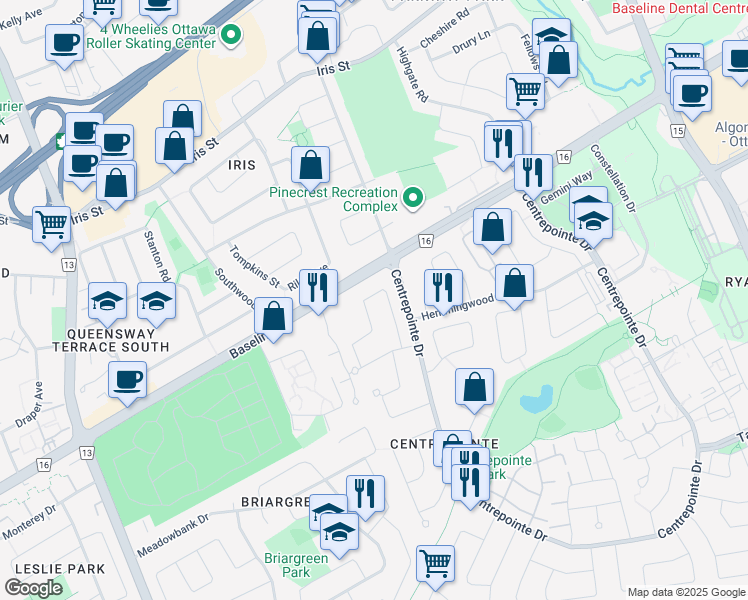 map of restaurants, bars, coffee shops, grocery stores, and more near 30 Castlethorpe Crescent in Ottawa