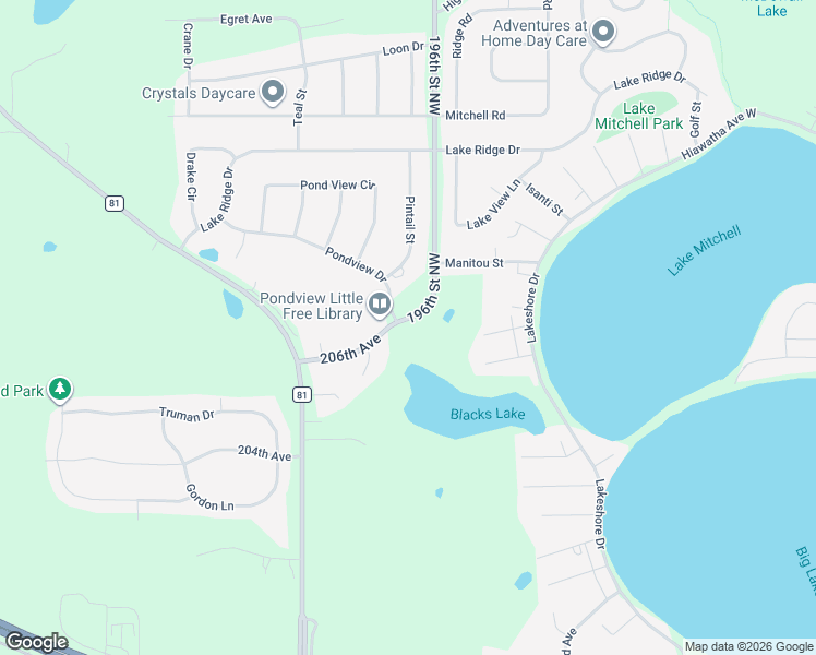 map of restaurants, bars, coffee shops, grocery stores, and more near 20696 196th Street in Big Lake