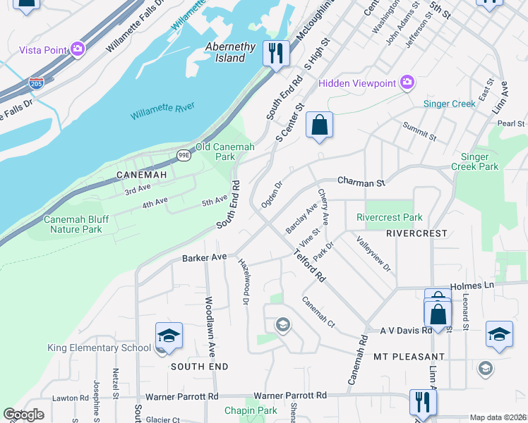 map of restaurants, bars, coffee shops, grocery stores, and more near 416 Ogden Drive in Oregon City