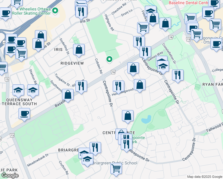 map of restaurants, bars, coffee shops, grocery stores, and more near 11 Covington Place in Ottawa
