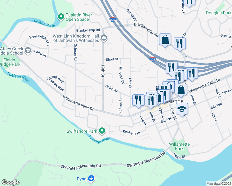 map of restaurants, bars, coffee shops, grocery stores, and more near 1385 Dollar Street in West Linn