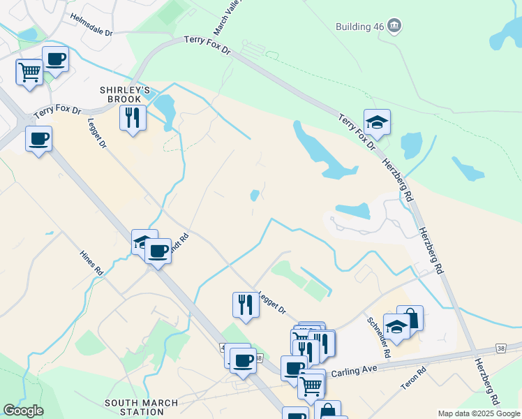 map of restaurants, bars, coffee shops, grocery stores, and more near 411 Legget Drive in Ottawa