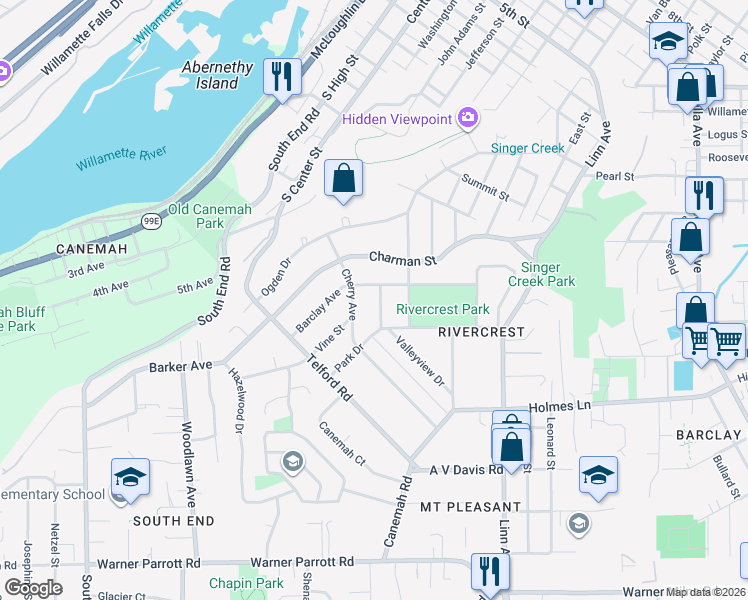 map of restaurants, bars, coffee shops, grocery stores, and more near 425 Weleber Street in Oregon City