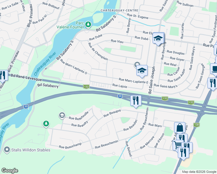 map of restaurants, bars, coffee shops, grocery stores, and more near 39 Rue Lajoie in Châteauguay