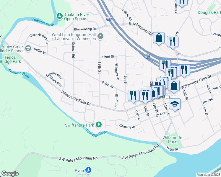 map of restaurants, bars, coffee shops, grocery stores, and more near 1796 Britton Street in West Linn