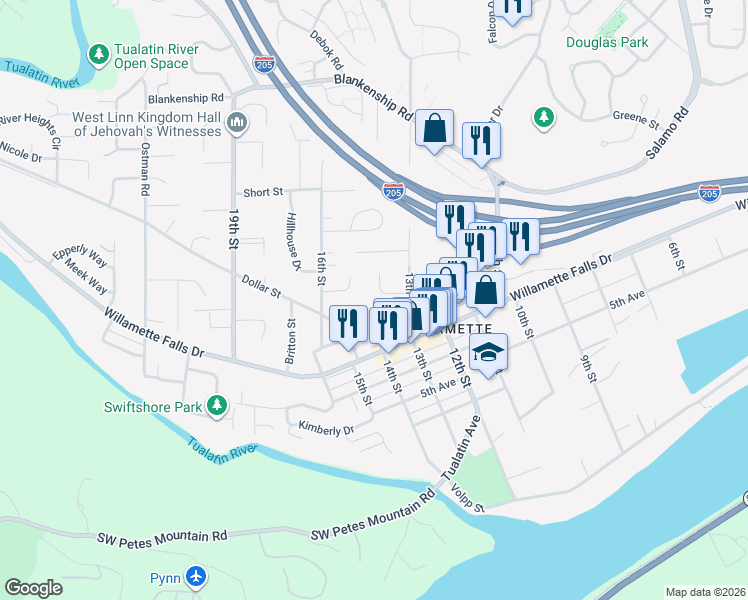 map of restaurants, bars, coffee shops, grocery stores, and more near 1765 Christy Court in West Linn