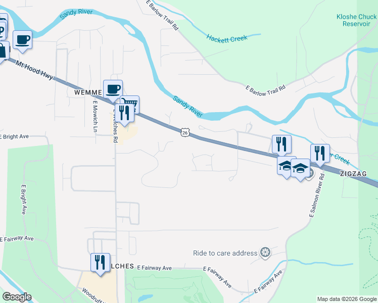 map of restaurants, bars, coffee shops, grocery stores, and more near 24683 East Cedar Hill Place in Mount Hood Village