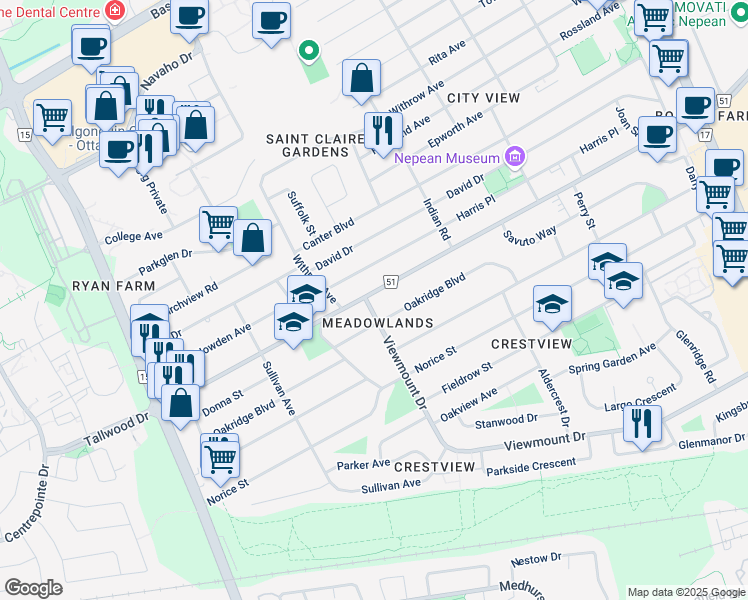 map of restaurants, bars, coffee shops, grocery stores, and more near 1 Viewmount Drive in Ottawa
