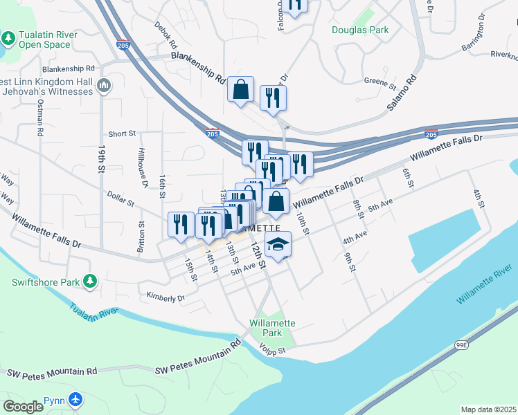 map of restaurants, bars, coffee shops, grocery stores, and more near 1980 Willamette Falls Drive in West Linn