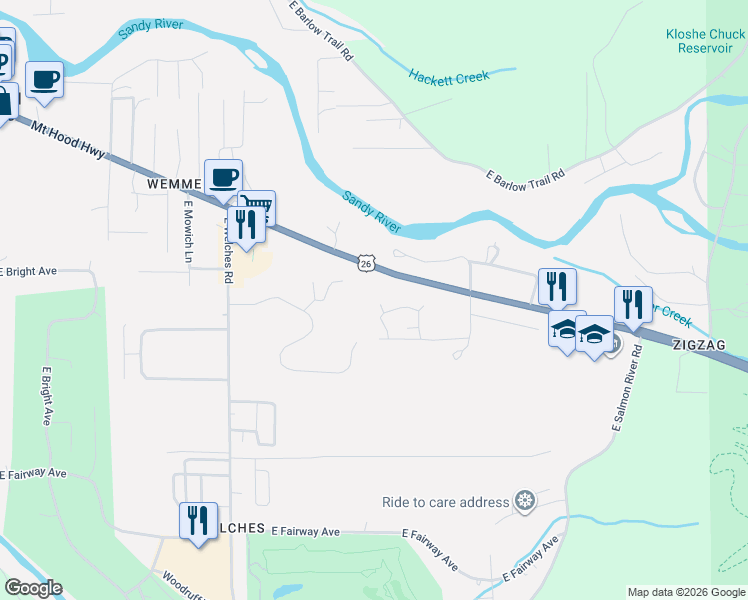 map of restaurants, bars, coffee shops, grocery stores, and more near 24683 East Cedar Hill Place in Mount Hood Village