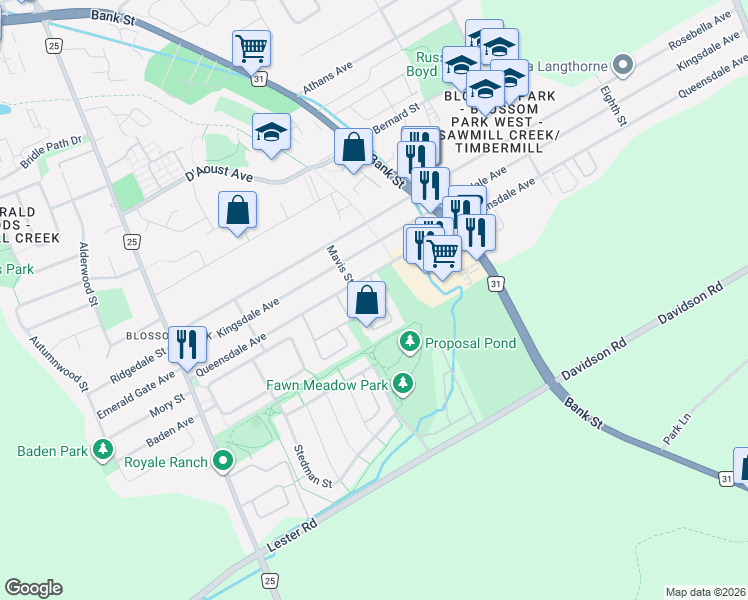 map of restaurants, bars, coffee shops, grocery stores, and more near 3180 Bannon Way in Ottawa