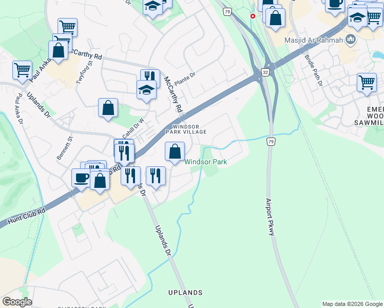 map of restaurants, bars, coffee shops, grocery stores, and more near 3565 Downpatrick Road in Ottawa