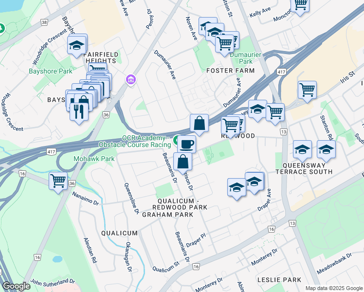map of restaurants, bars, coffee shops, grocery stores, and more near in Ottawa