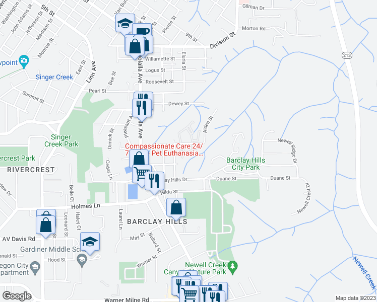 map of restaurants, bars, coffee shops, grocery stores, and more near 750 Cascade Avenue in Oregon City