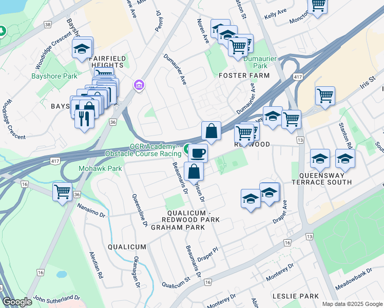 map of restaurants, bars, coffee shops, grocery stores, and more near 1140 Morrison Drive in Ottawa