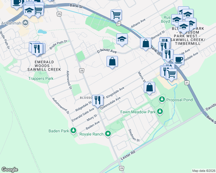 map of restaurants, bars, coffee shops, grocery stores, and more near 1473 Rosebella Avenue in Ottawa