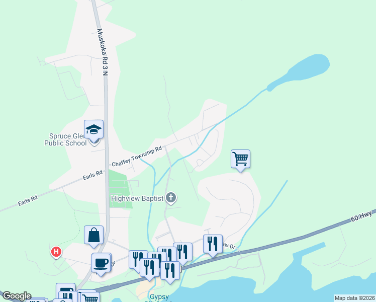map of restaurants, bars, coffee shops, grocery stores, and more near 143 Chaffey Township Road in Huntsville