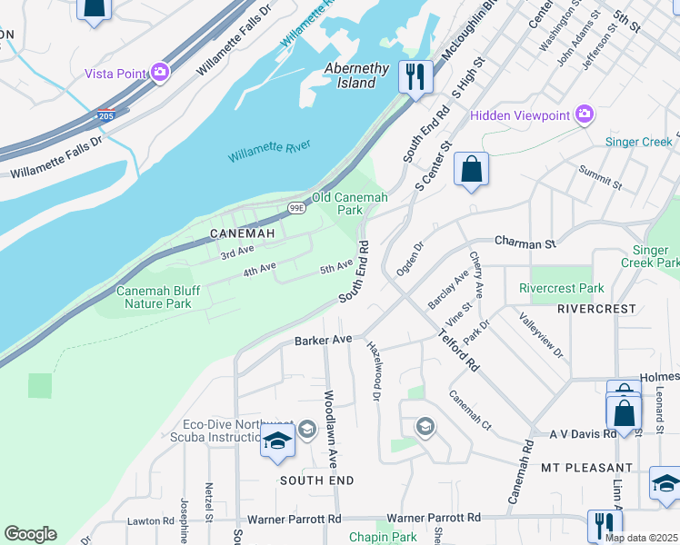 map of restaurants, bars, coffee shops, grocery stores, and more near 689 South South End Road in Oregon City