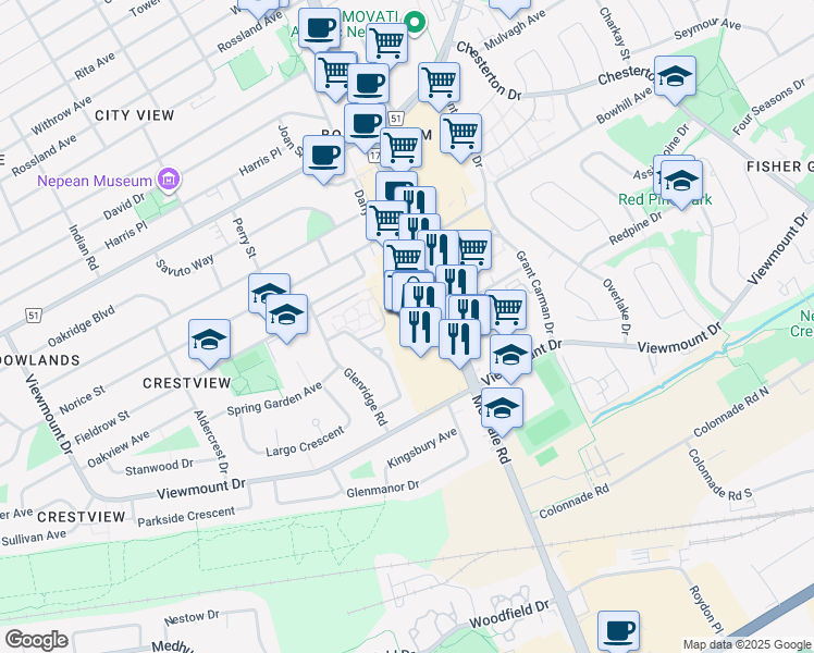 map of restaurants, bars, coffee shops, grocery stores, and more near 1642 Merivale Road in Ottawa