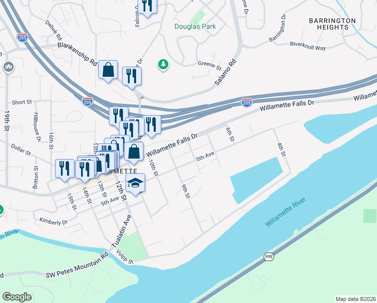 map of restaurants, bars, coffee shops, grocery stores, and more near 2288 5th Avenue in West Linn