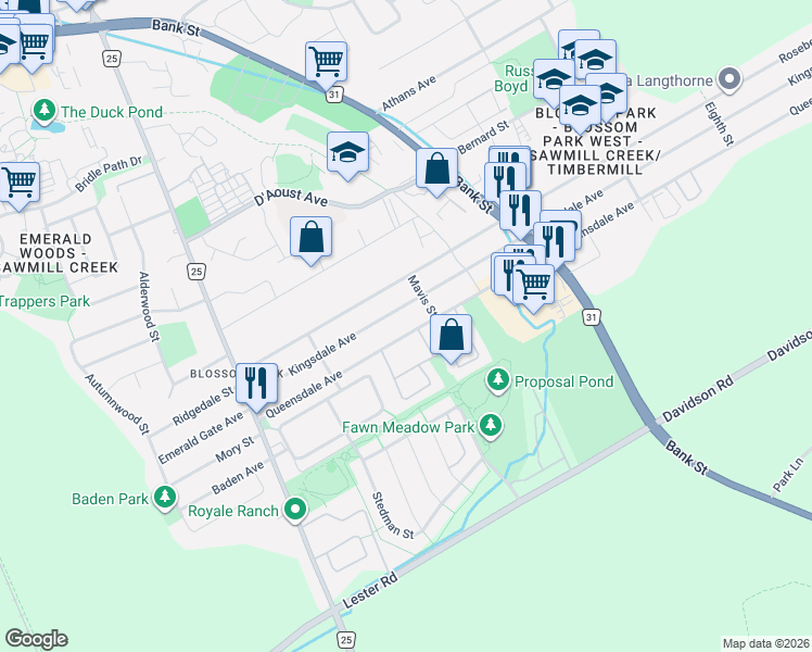 map of restaurants, bars, coffee shops, grocery stores, and more near 1530 Queensdale Avenue in Ottawa