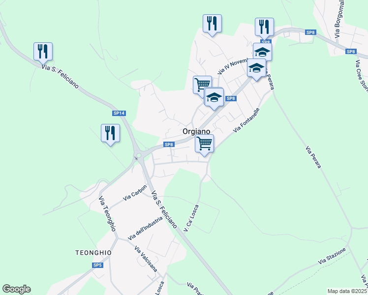 map of restaurants, bars, coffee shops, grocery stores, and more near 16 Via Mottarella in Orgiano