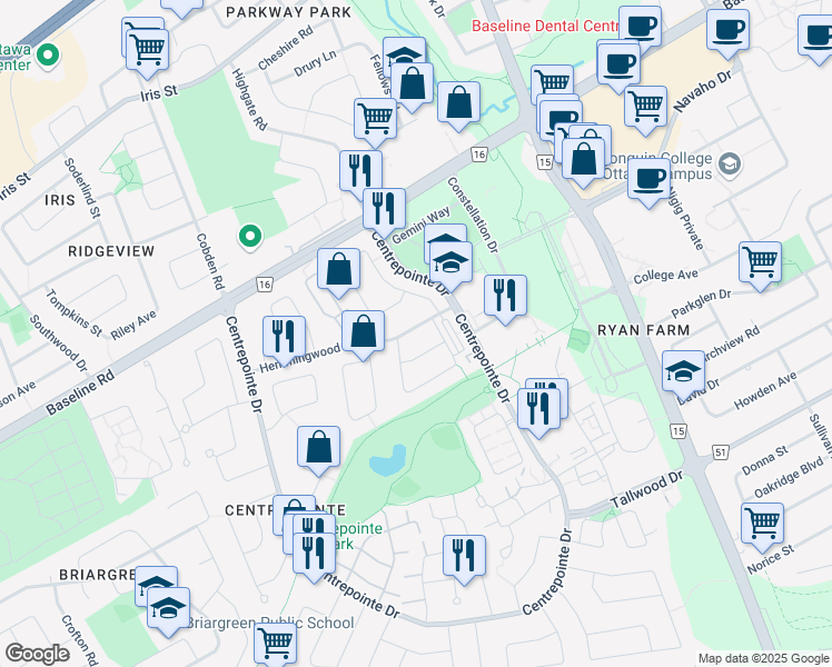 map of restaurants, bars, coffee shops, grocery stores, and more near 26 Hemmingwood Way in Ottawa