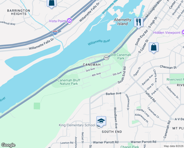 map of restaurants, bars, coffee shops, grocery stores, and more near 601 4th Avenue in Oregon City